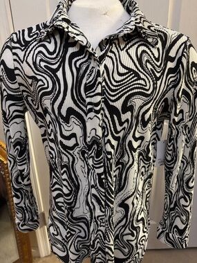INTEMPO Button Front Collared Shirt Long Sleeves Black/White Swirl Sz M NWT